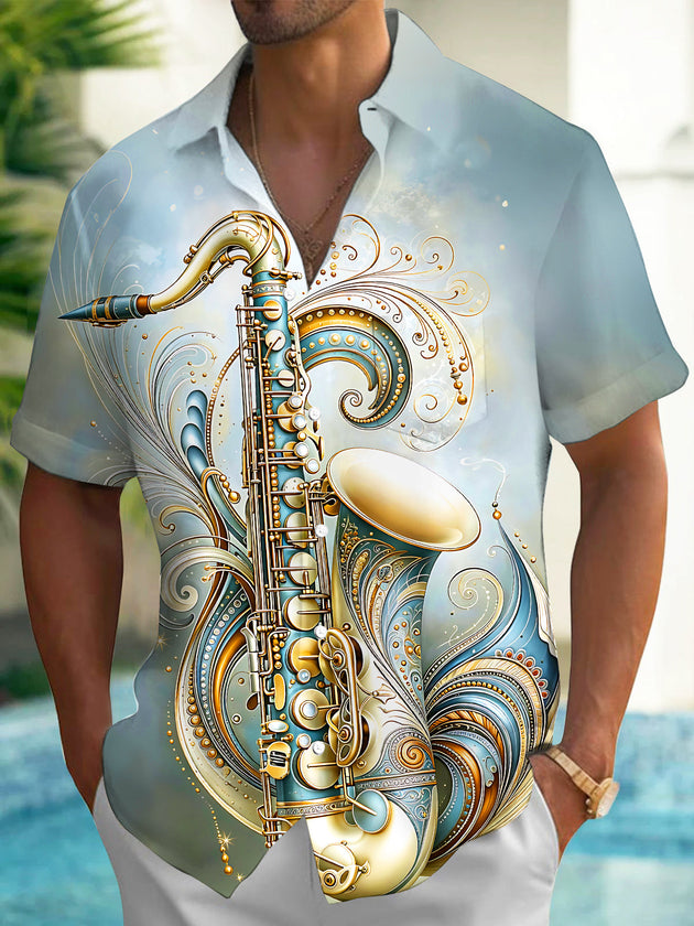 Adaychic Men's Vintage Style Saxophone Illustration Print Short Sleeve Shirt with Chest Pocket