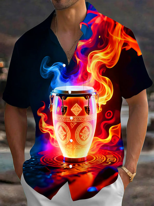 Adaychic Men's Graphic Neon Flame Conga Drum Print Short Sleeve Shirt with Chest Pocket