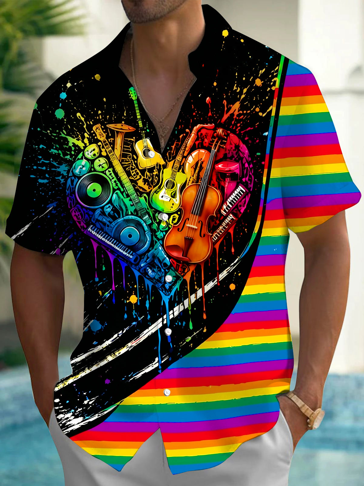 Adaychic Men's Graphic Musical Instruments Heart Print Short Sleeve Shirt with Chest Pocket