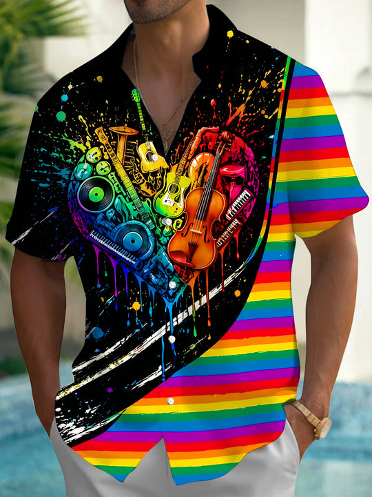 Adaychic Men's Graphic Musical Instruments Heart Print Short Sleeve Shirt with Chest Pocket