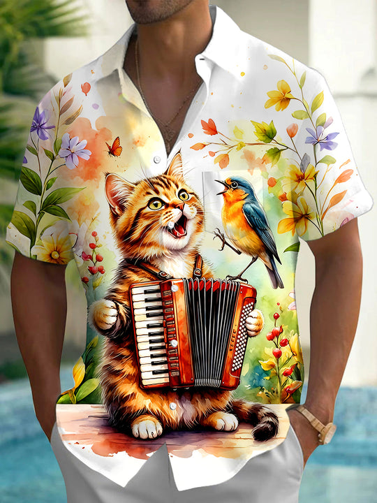 Adaychic Men's Graphic Cat Playing Accordion Print Short Sleeve Shirt with Chest Pocket