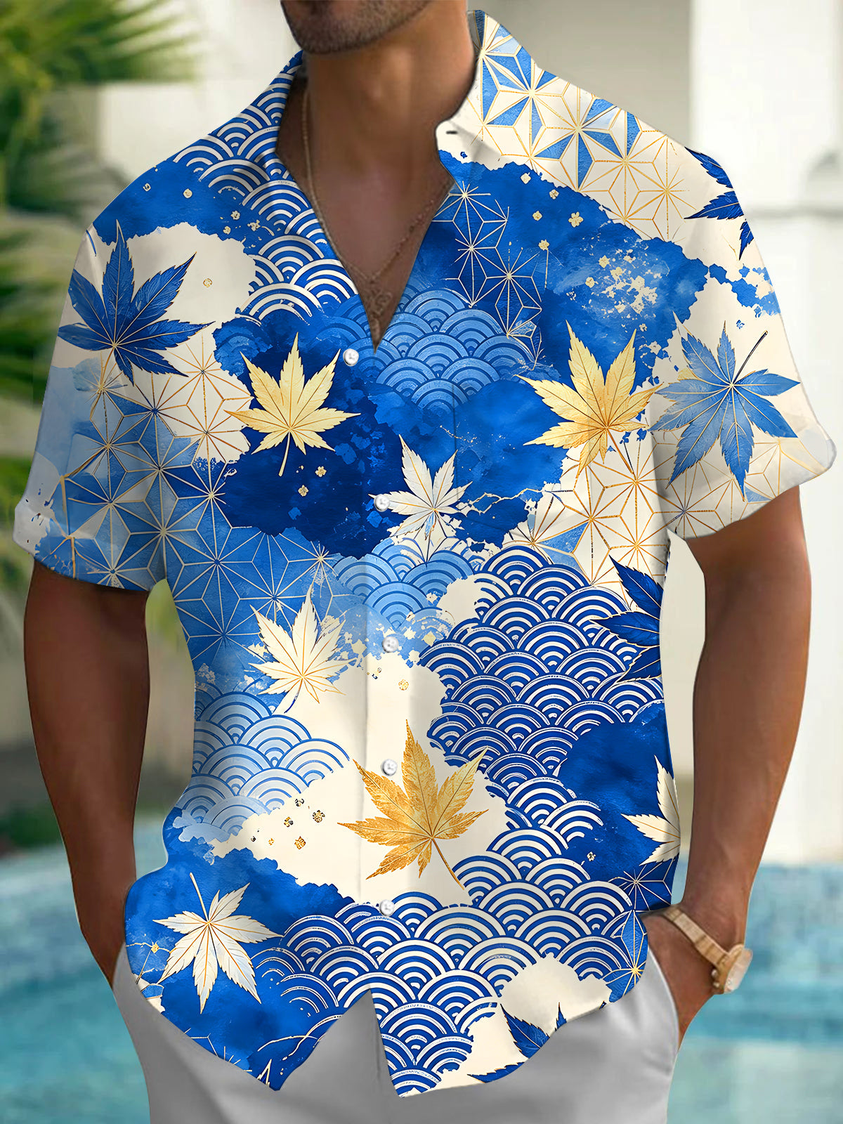 Adaychic Men's Hawaiian Blue And Gold Maple Leaf Print Short Sleeve Shirt with Chest Pocket