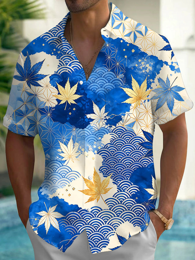 Adaychic Men's Hawaiian Blue And Gold Maple Leaf Print Short Sleeve Shirt with Chest Pocket