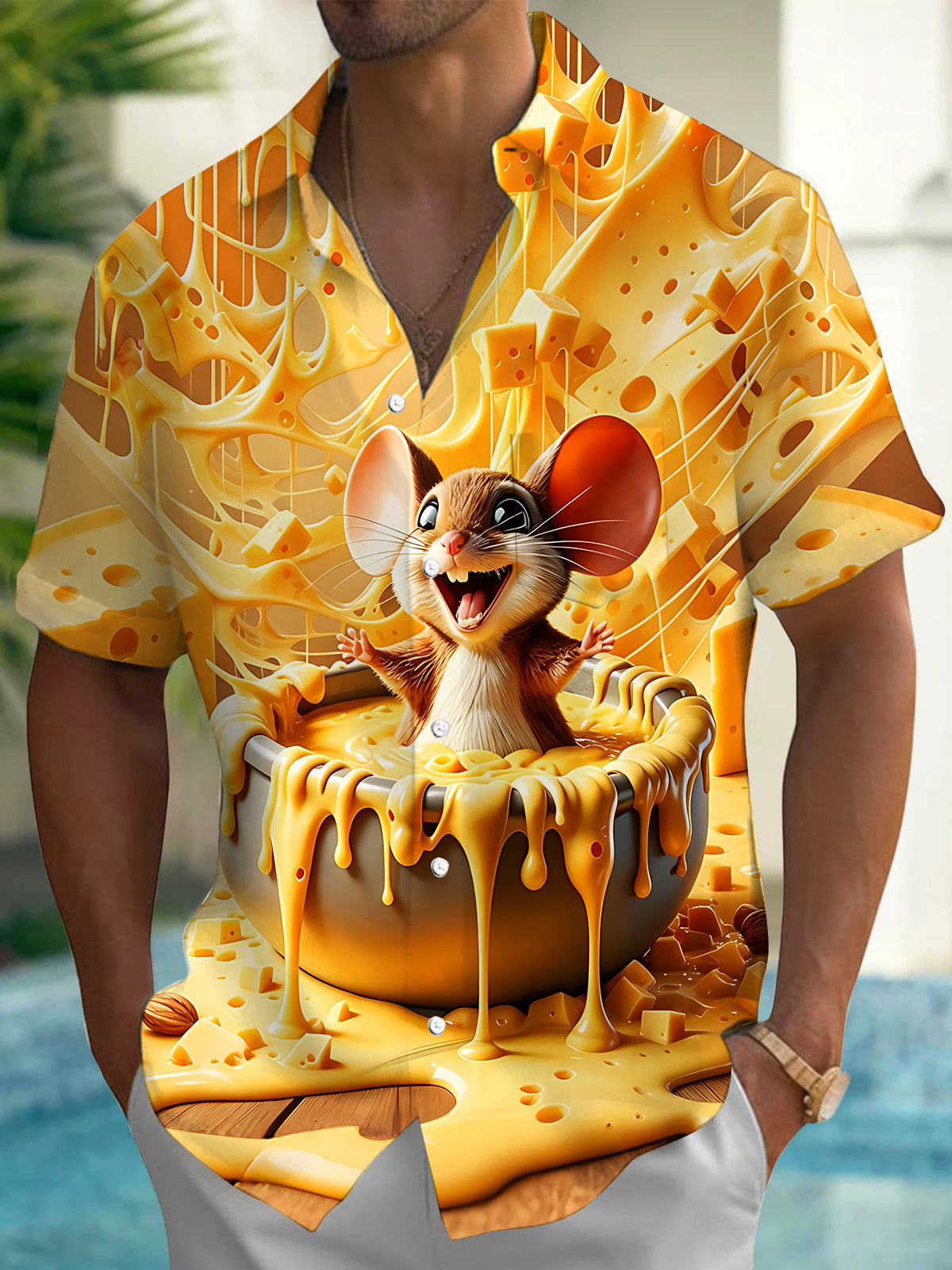 Adaychic Men's Printed Cheese Mouse Print Short Sleeve Shirt with Chest Pocket