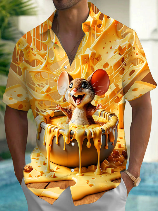 Adaychic Men's Printed Cheese Mouse Print Short Sleeve Shirt with Chest Pocket