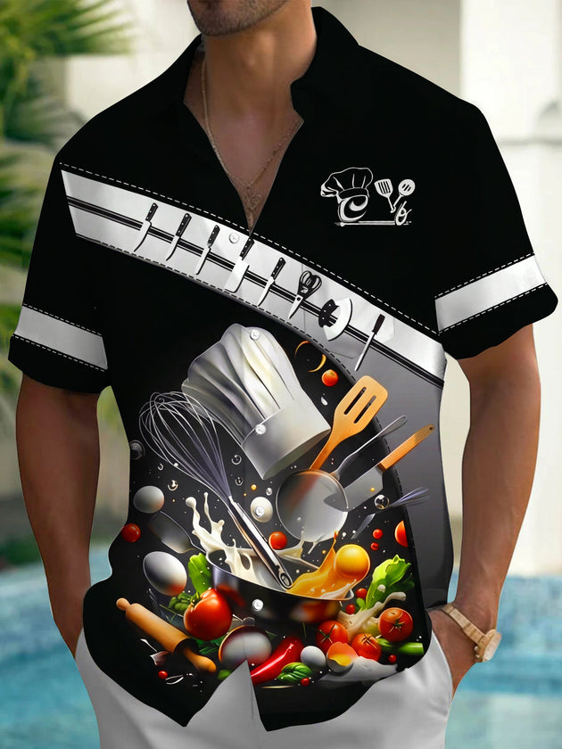 Adaychic Men's Printed Kitchen Cookware Print Chef Hat Print Short Sleeve Shirt with Chest Pocket