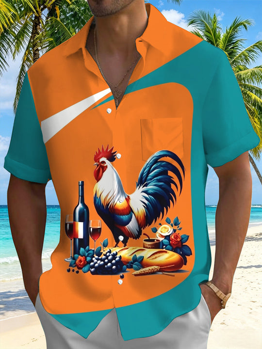 Adaychic Men's Hawaiian Rooster With Wine And Bread Print Short Sleeve Shirt with Chest Pocket
