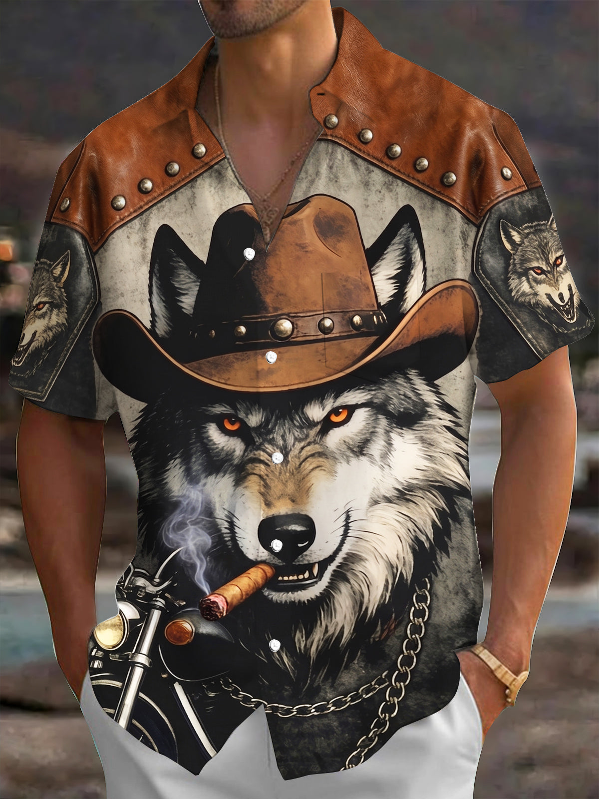 Adaychic Men's Graphic Wolf In Cowboy Hat Print Short Sleeve Shirt with Chest Pocket