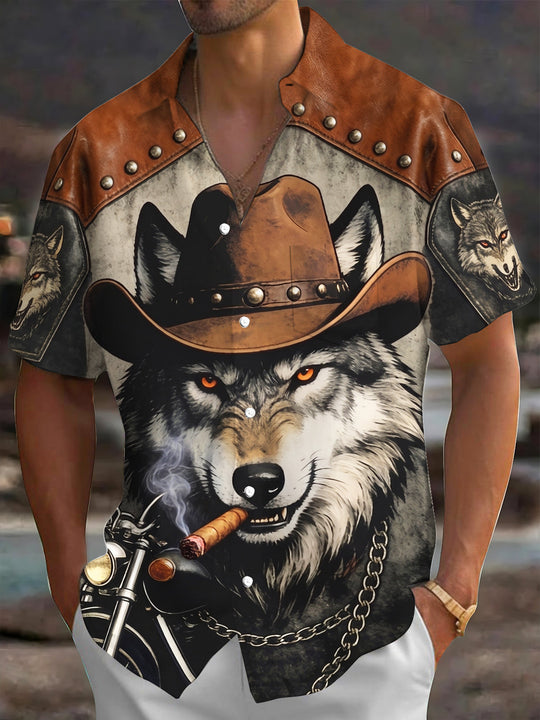 Adaychic Men's Graphic Wolf In Cowboy Hat Print Short Sleeve Shirt with Chest Pocket