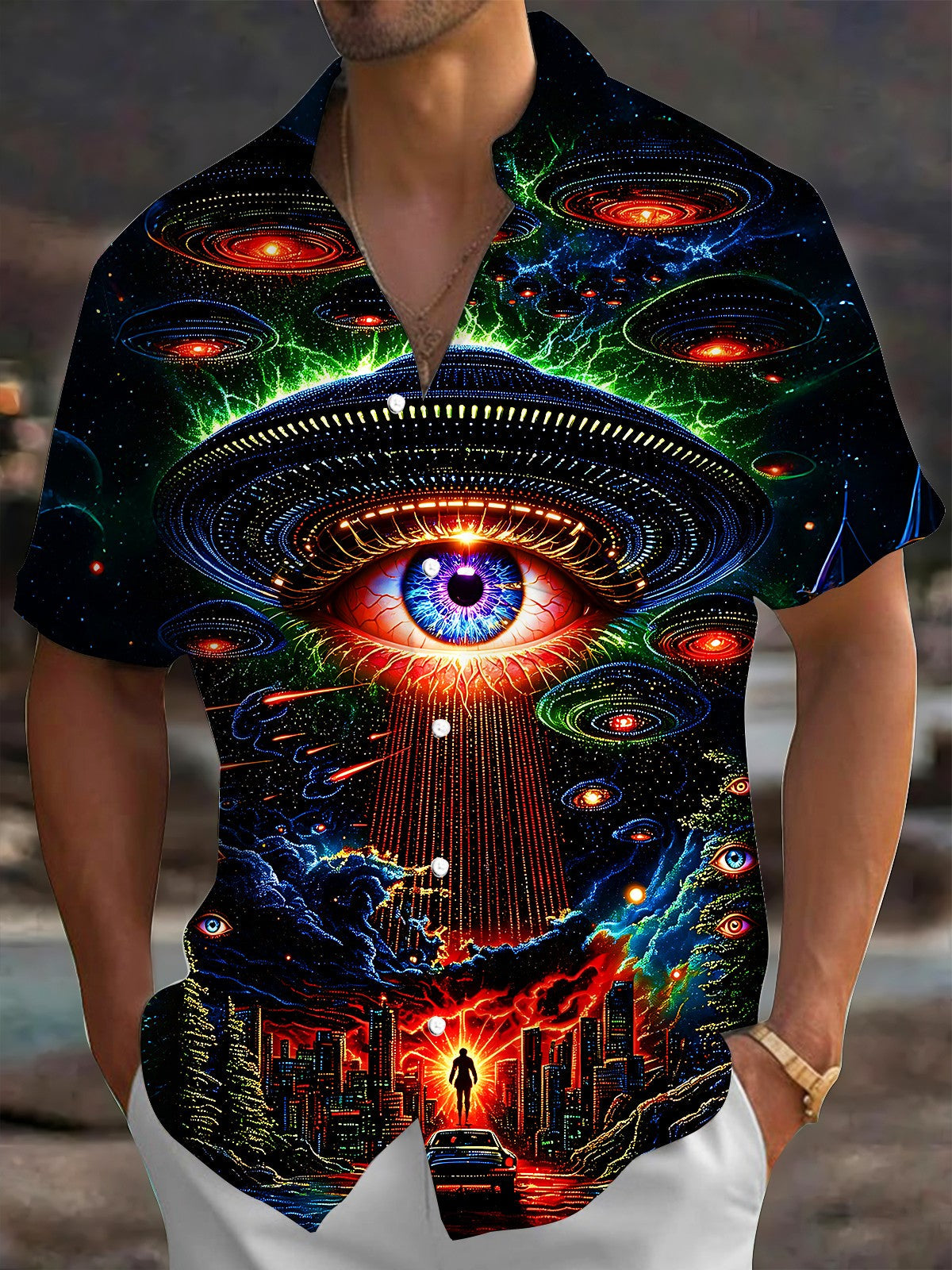 Adaychic Men's Graphic UFO All-seeing Eye Print Short Sleeve Shirt with Chest Pocket