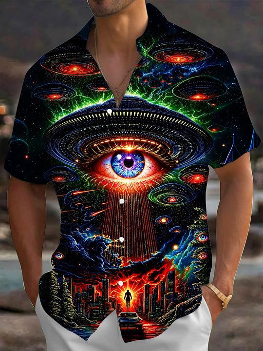 Adaychic Men's Graphic UFO All-seeing Eye Print Short Sleeve Shirt with Chest Pocket