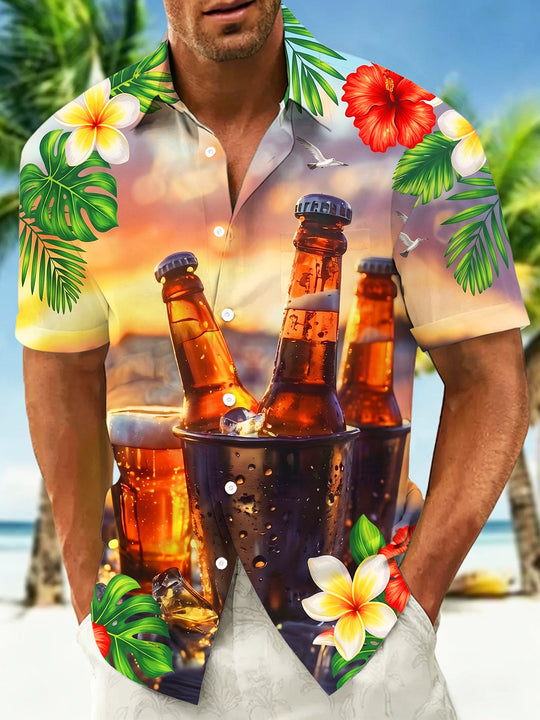 Adaychic Men's Hawaiian Tropical Floral Leaves Print Short Sleeve Shirt with Chest Pocket
