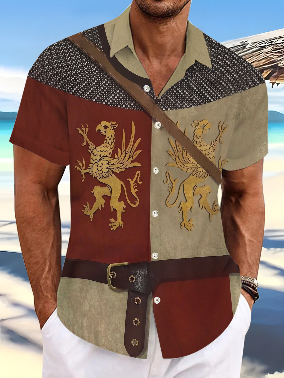 Adaychic Men's Vintage Style Medieval Griffin Print Short Sleeve Shirt with Chest Pocket