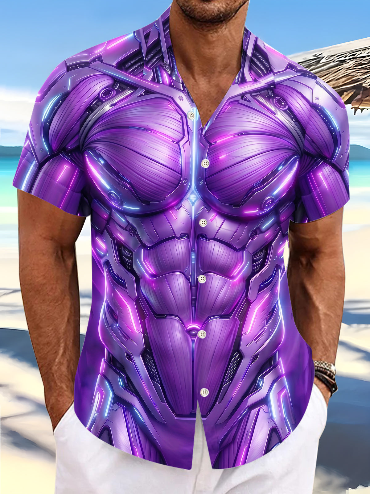 Adaychic Men's 3D Cyber Mecha Torso Print Short Sleeve Shirt with Chest Pocket