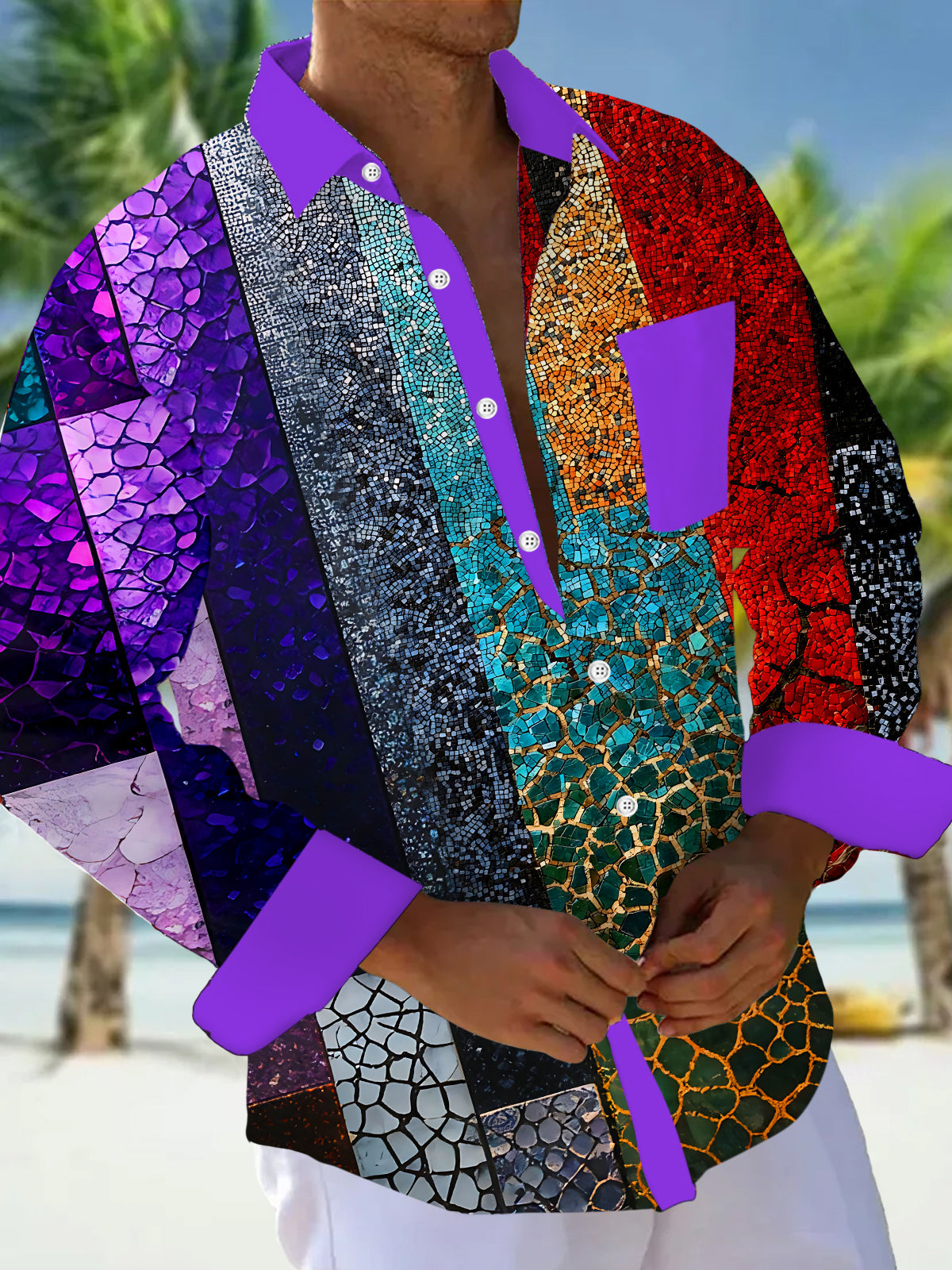 Adaychic Men's Printed Colorful Mosaic Crack Collage Print Long Sleeve Shirt with Chest Pocket