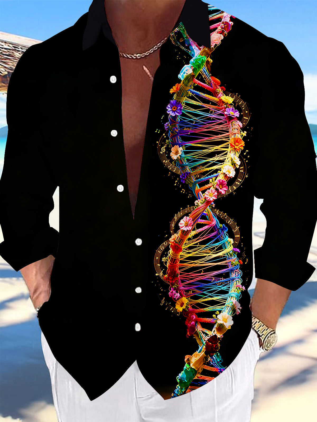 Adaychic Men's Graphic Colorful DNA Helix Print Long Sleeve Shirt with Chest Pocket