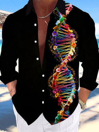 Adaychic Men's Graphic Colorful DNA Helix Print Long Sleeve Shirt with Chest Pocket