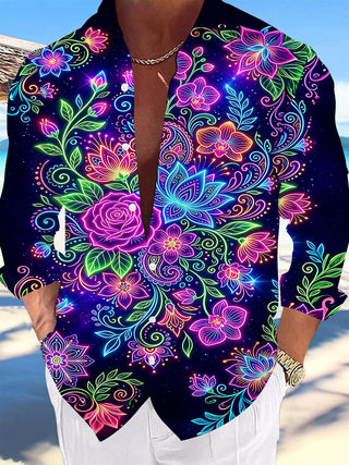 Adaychic Men's Printed Neon Floral Paisley Print Long Sleeve Shirt with Chest Pocket