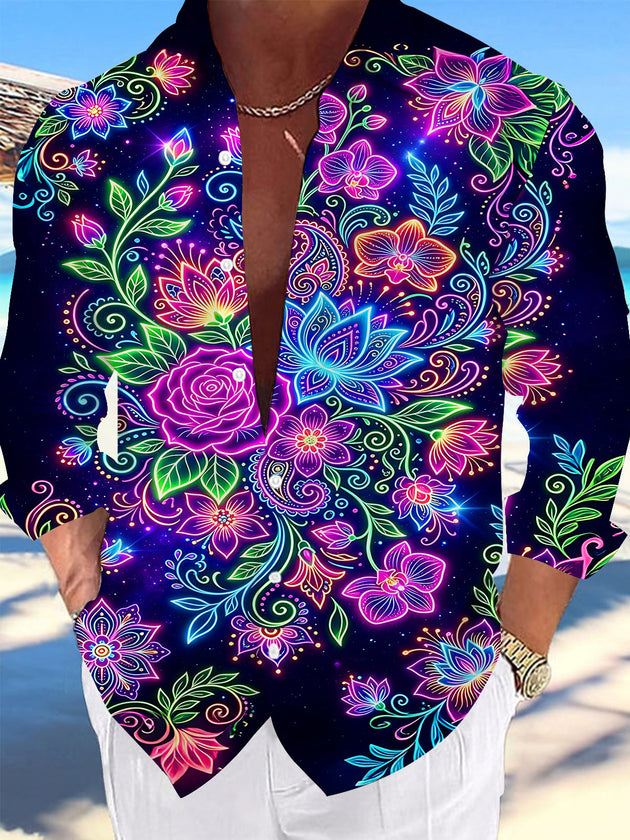 Adaychic Men's Printed Neon Floral Paisley Print Long Sleeve Shirt with Chest Pocket