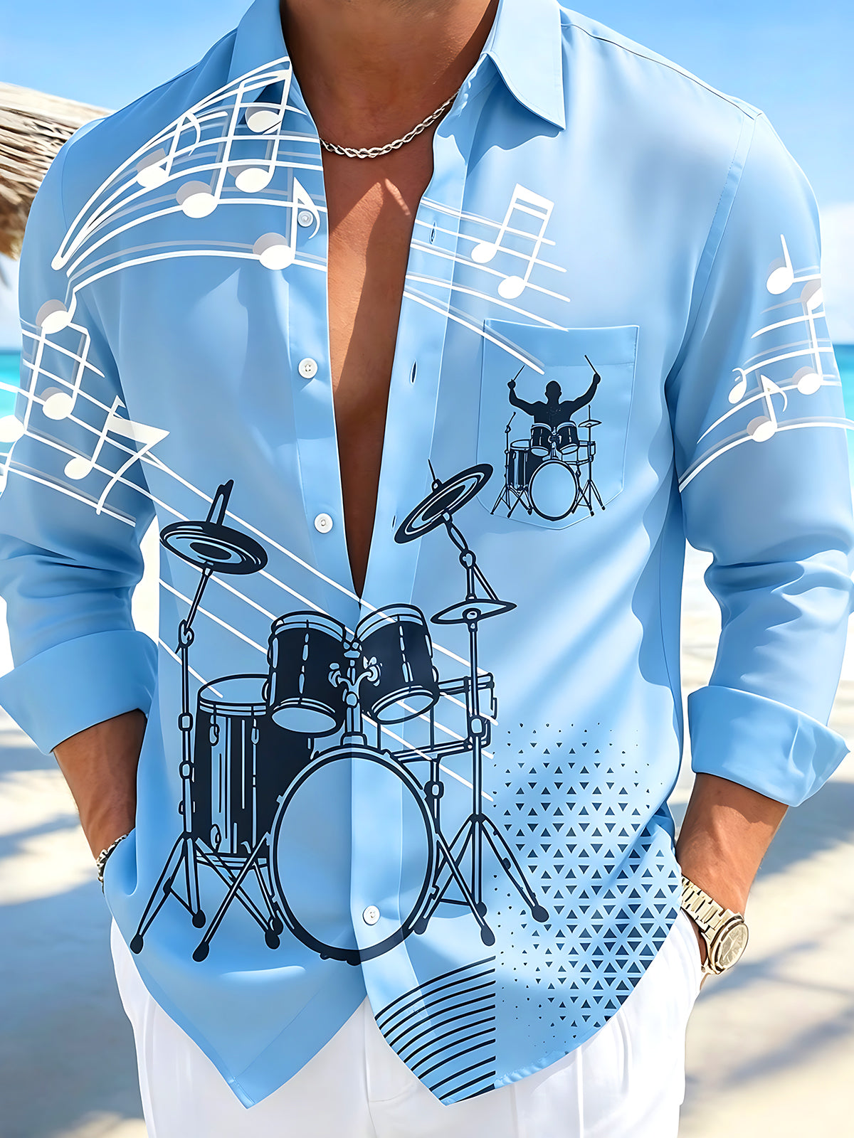 Adaychic Men's Graphic Drum Kit Print Music Notes Print Long Sleeve Shirt with Chest Pocket