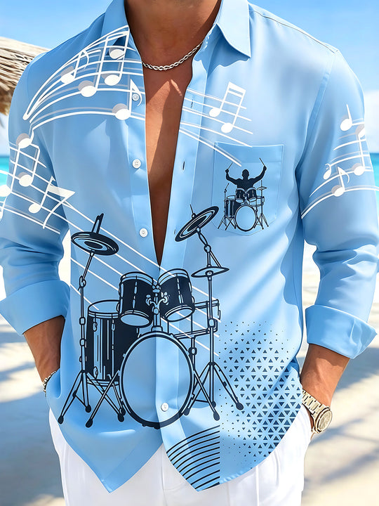 Adaychic Men's Graphic Drum Kit Print Music Notes Print Long Sleeve Shirt with Chest Pocket