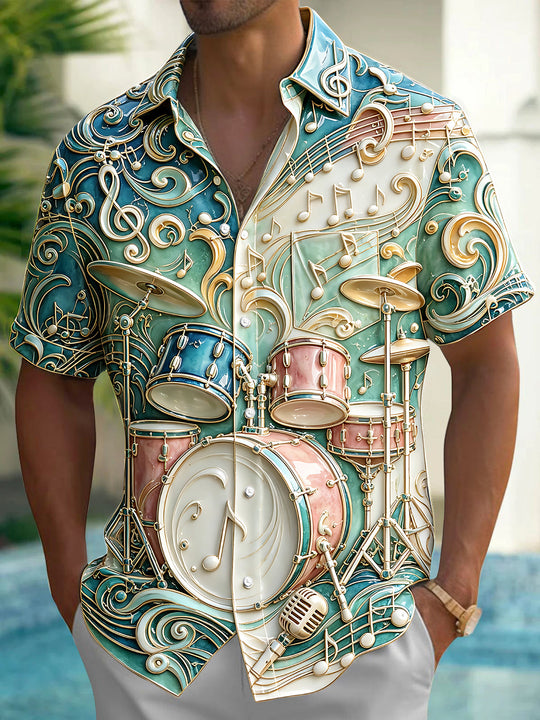 Adaychic Men's 3D 3D Drum Kit Print Musical Notes Print Short Sleeve Shirt with Chest Pocket