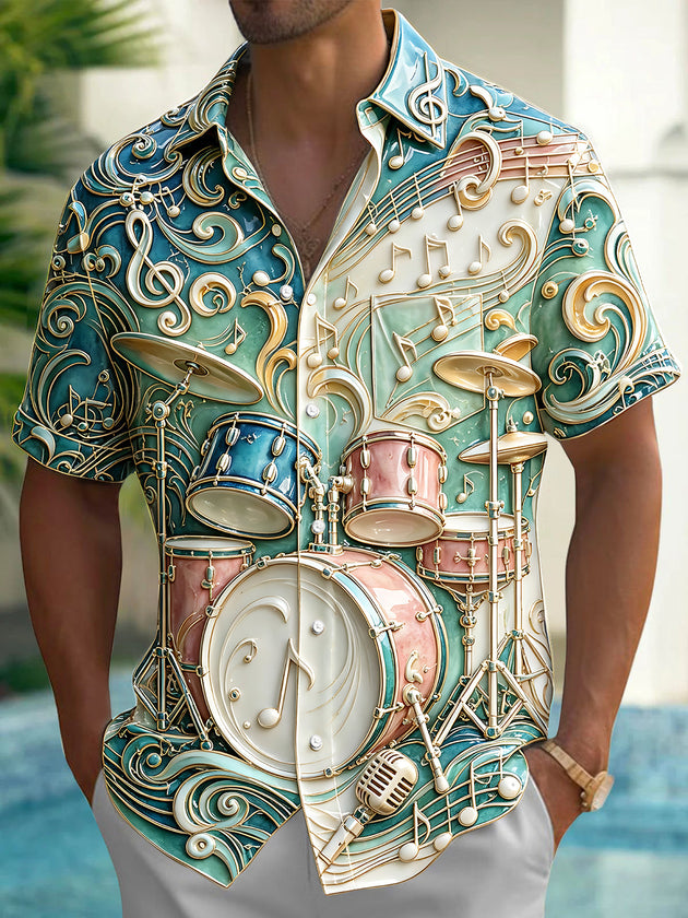 Adaychic Men's 3D 3D Drum Kit Print Musical Notes Print Short Sleeve Shirt with Chest Pocket
