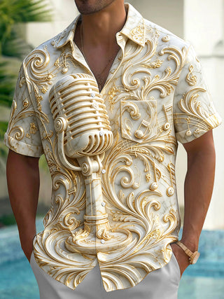 Adaychic Men's Marble Embossed Microphone Print Short Sleeve Shirt with Chest Pocket