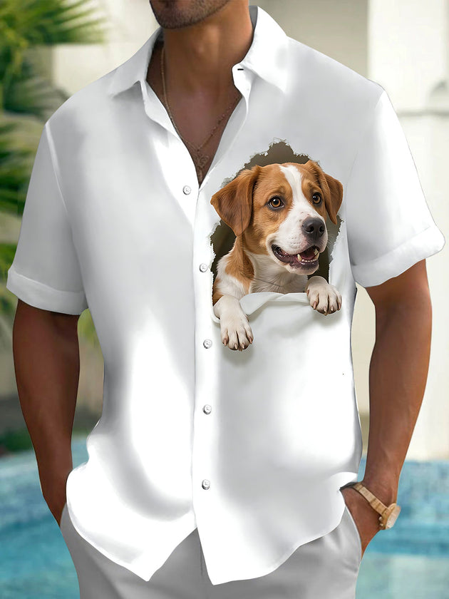 Adaychic Men's Graphic Dog In Pocket Print Short Sleeve Shirt with Chest Pocket