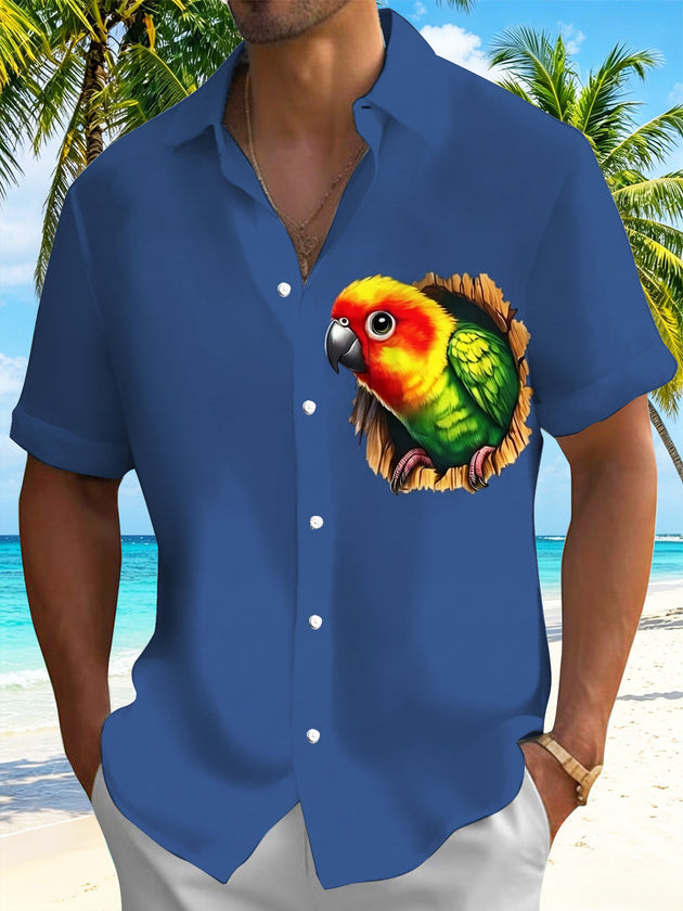 Adaychic Men's Hawaiian Parrot In Tree Hole Print Short Sleeve Shirt with Chest Pocket