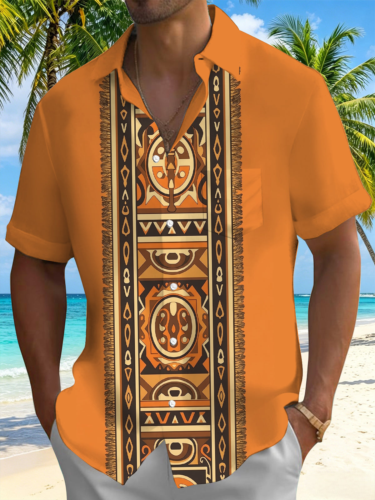 Adaychic Men's Patterned Tribal Geometric Pattern Short Sleeve Shirt with Chest Pocket