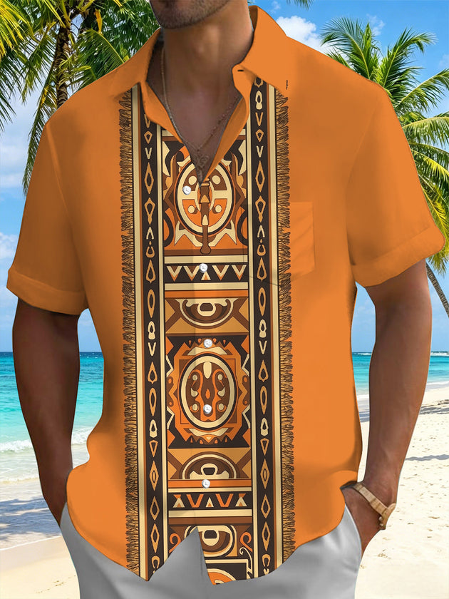 Adaychic Men's Patterned Tribal Geometric Pattern Short Sleeve Shirt with Chest Pocket