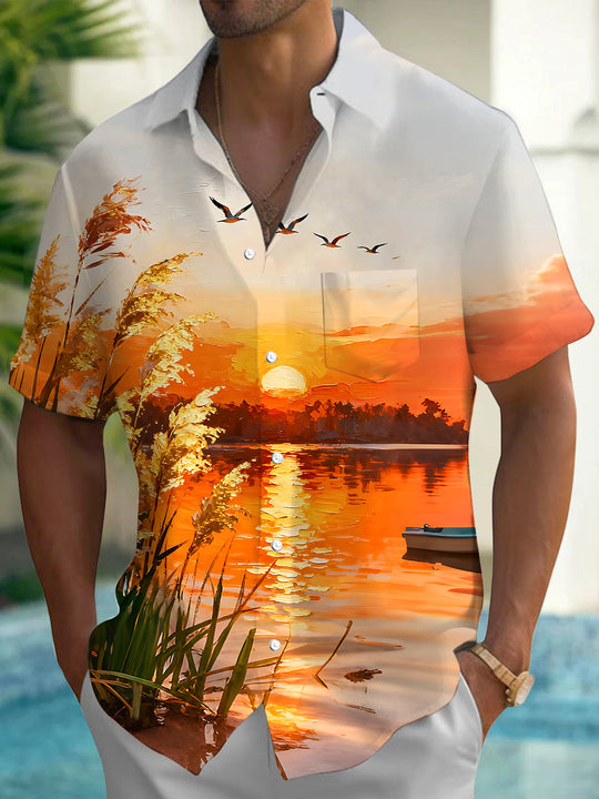 Adaychic Men's Hawaiian Sunset Lake Scenery Print Short Sleeve Shirt with Chest Pocket