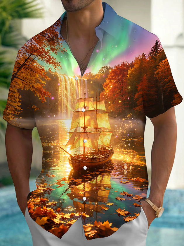 Adaychic Men's Printed Autumn Scenery Print Short Sleeve Shirt with Chest Pocket