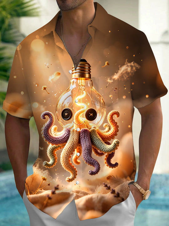 Adaychic Men's Graphic Knitted Octopus Lightbulb Print Short Sleeve Shirt with Chest Pocket