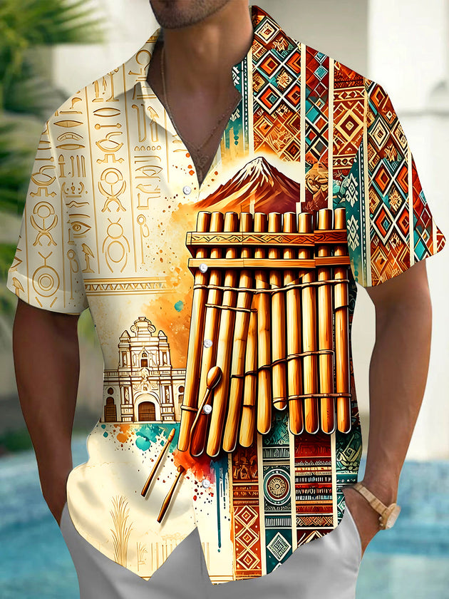 Adaychic Men's Printed Pan Flute Print Short Sleeve Shirt with Chest Pocket