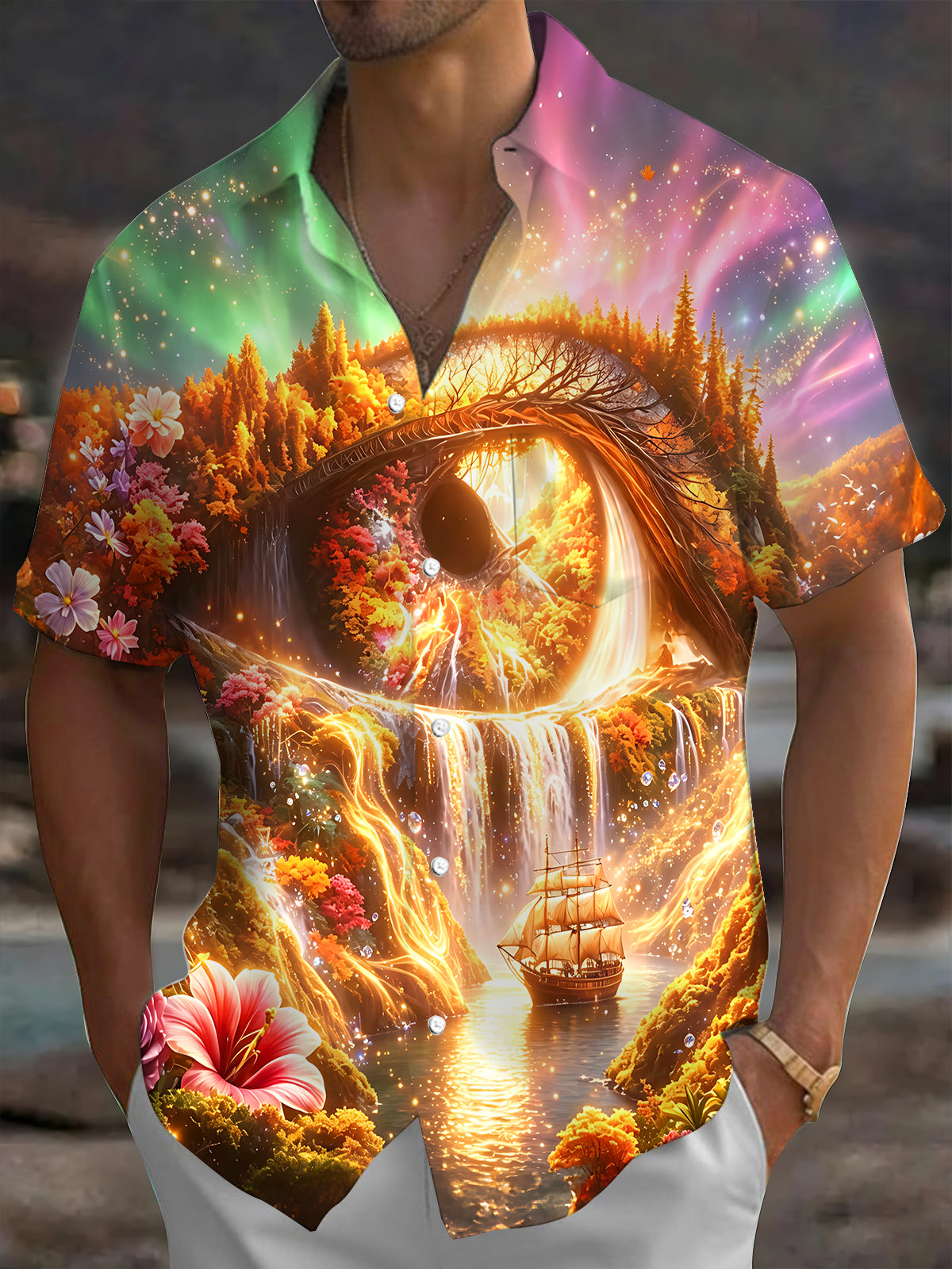 Adaychic Men's Hawaiian Fantasy Eye Landscape Print Short Sleeve Shirt with Chest Pocket