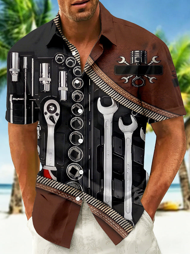 Adaychic Men's Printed Mechanical Tool Set Print Short Sleeve Shirt with Chest Pocket
