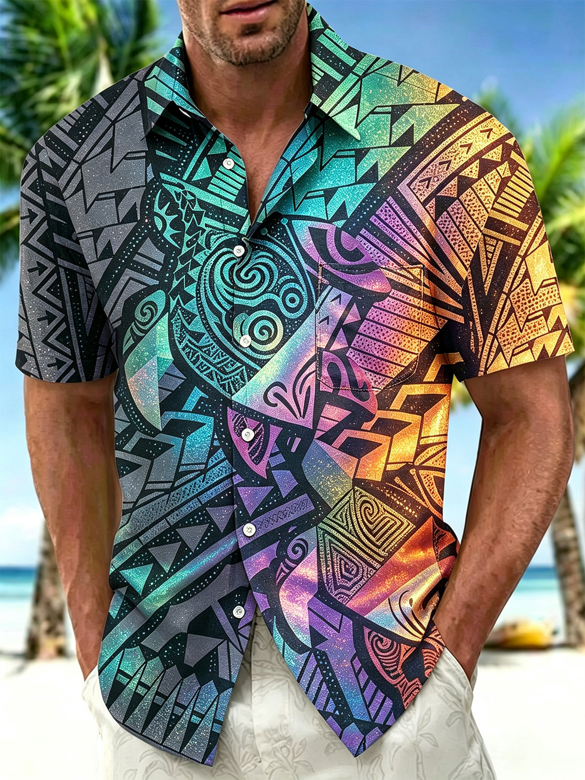 Adaychic Men's Hawaiian Tribal Geometric Pattern Short Sleeve Shirt with Chest Pocket
