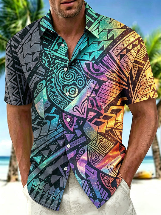 Adaychic Men's Hawaiian Tribal Geometric Pattern Short Sleeve Shirt with Chest Pocket