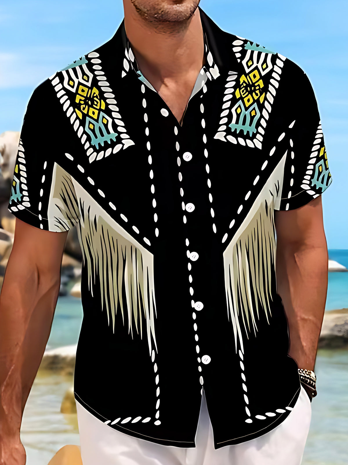 Adaychic Men's Patterned Geometric Pattern Fringe Print Short Sleeve Shirt with Chest Pocket