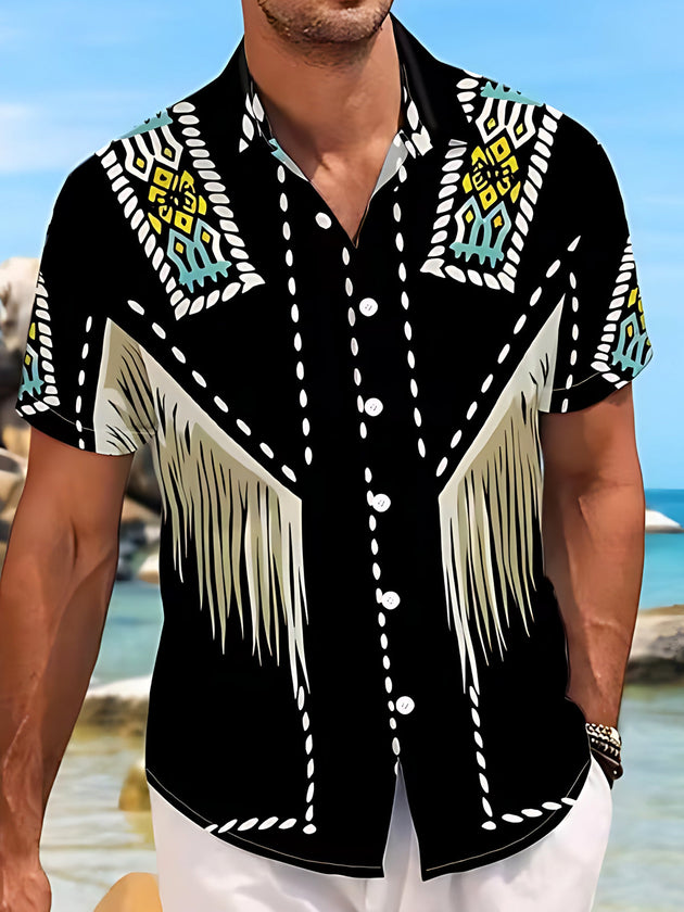 Adaychic Men's Patterned Geometric Pattern Fringe Print Short Sleeve Shirt with Chest Pocket