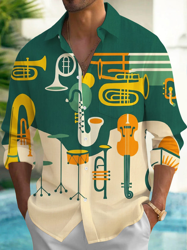 Adaychic Men's Printed Musical Instruments Print Long Sleeve Shirt with Chest Pocket