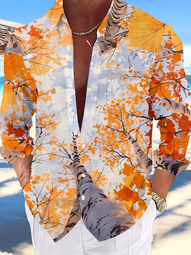 Adaychic Men's Printed Autumn Birch Forest Print Long Sleeve Shirt with Chest Pocket
