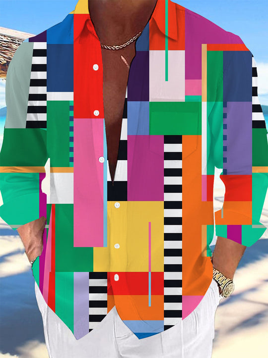 Adaychic Men's Patterned Colorful Geometric Blocks Print Long Sleeve Shirt with Chest Pocket