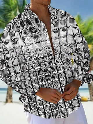 Adaychic Men's Patterned Distorted Liquid Squares Print Long Sleeve Shirt with Chest Pocket