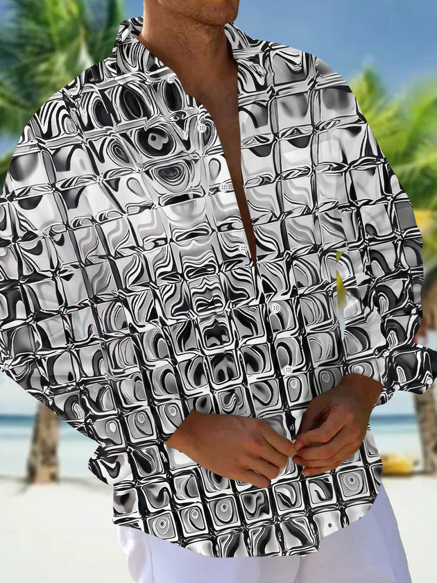 Adaychic Men's Patterned Distorted Liquid Squares Print Long Sleeve Shirt with Chest Pocket