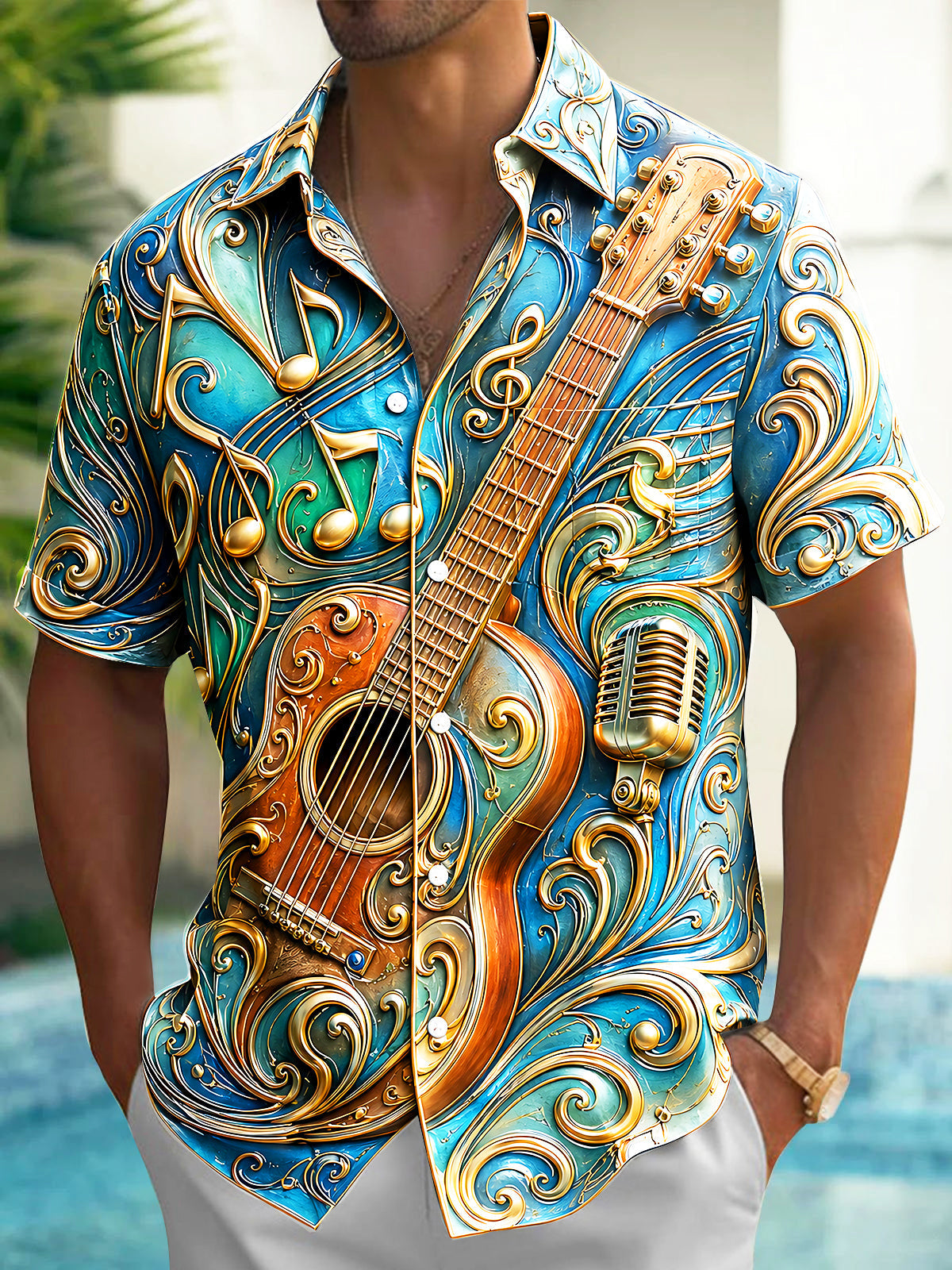 Adaychic Men's 3D 3D Relief Guitar Print Music Notes Print Short Sleeve Shirt with Chest Pocket