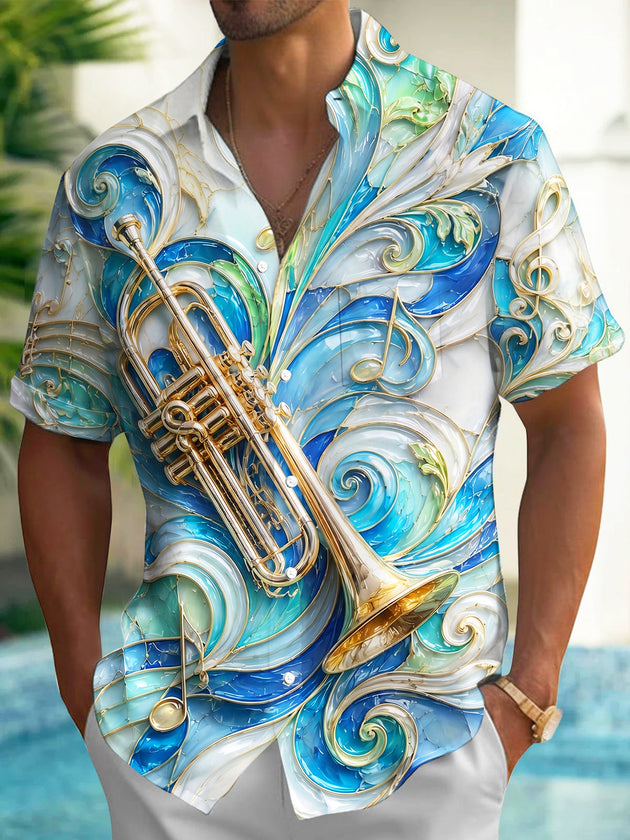 Adaychic Men's 3D Stained Glass Trumpet Print Short Sleeve Shirt with Chest Pocket