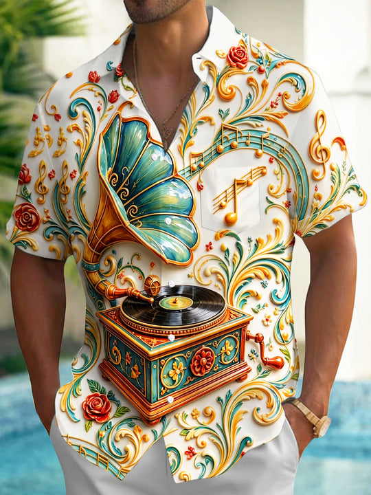 Adaychic Men's Vintage Style 3D Relief Gramophone Print Short Sleeve Shirt with Chest Pocket